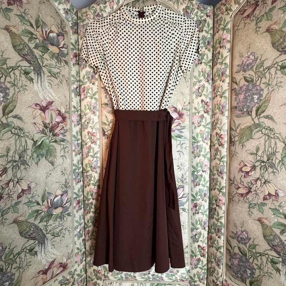 David Warren Vintage 1970s Brown Polka Dot Dress and Jacket Ensemble Midi 70s